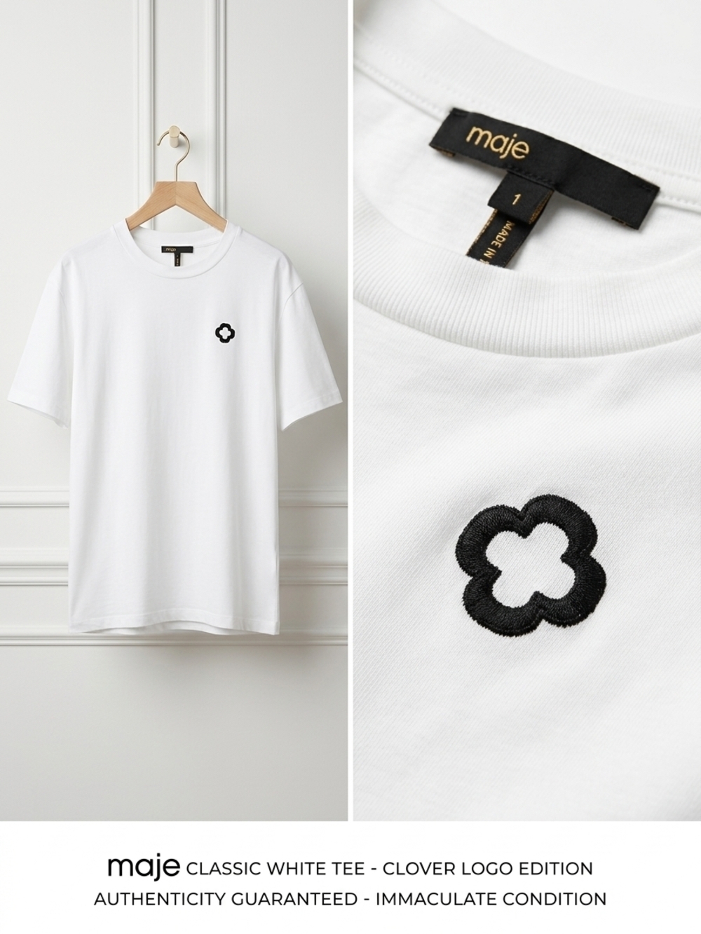 Maje White Crewneck Tee with Black Clover Emblem